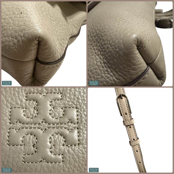 Tory Burch Thea Leather Foldover Crossbody Bag  Purse Gray Herron Tassel Neutral - Picture 15 of 16